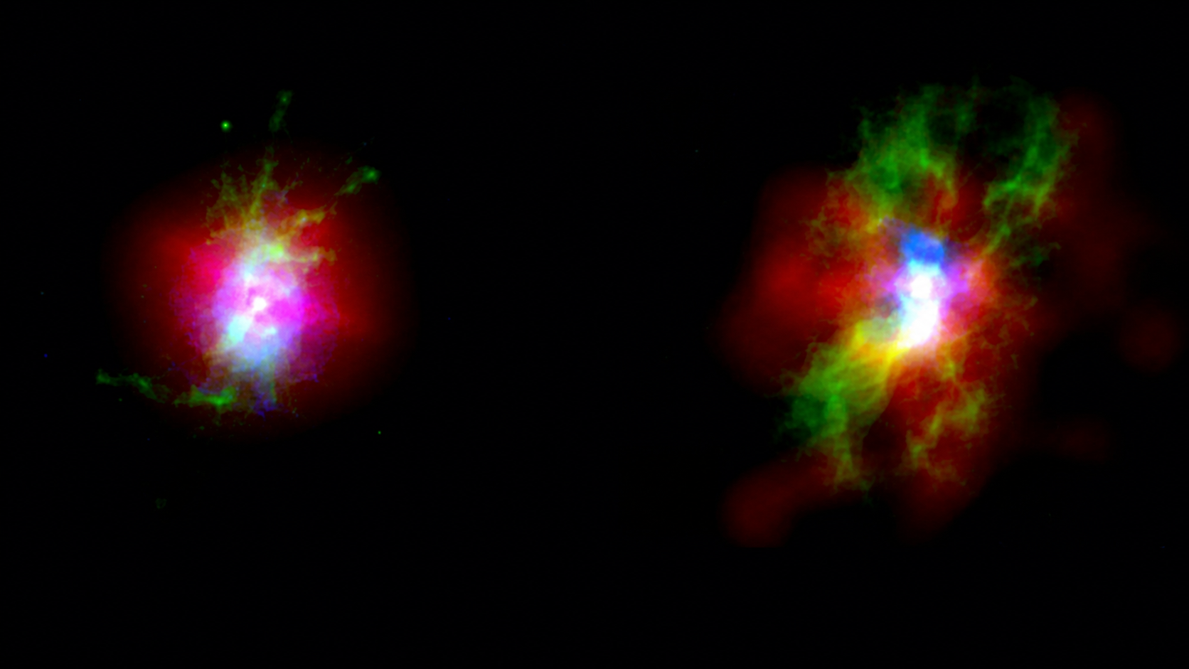 Multiwavelength views of highly ionized X-ray-emitting and warm ionized gas around two luminous type 2 quasars.